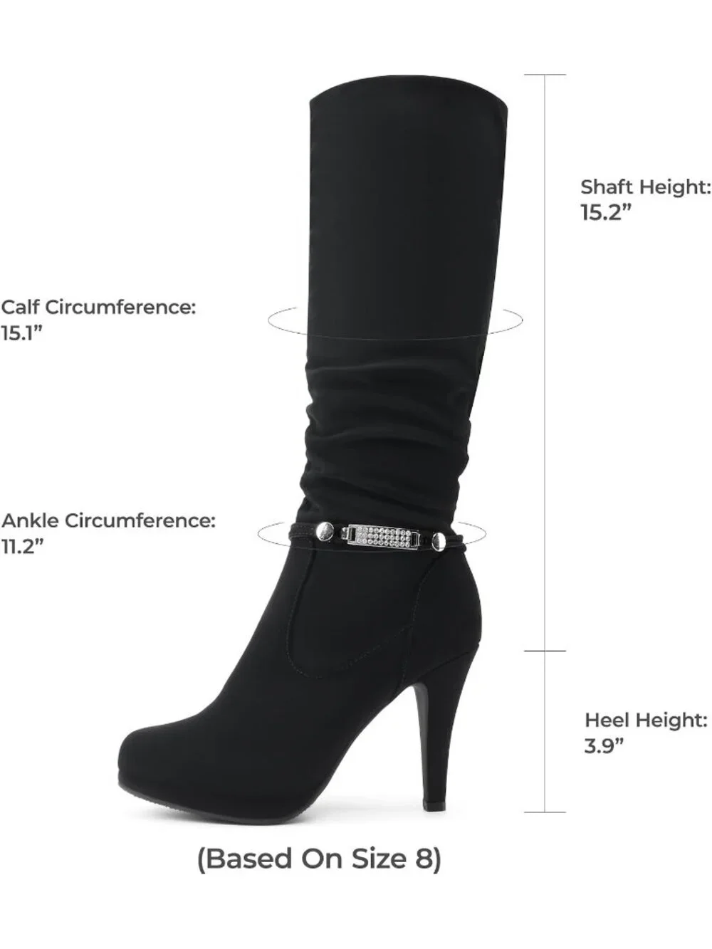 Women's Black Stiletto Heel Rhinestone Chain Side Zipper Knee High Boots